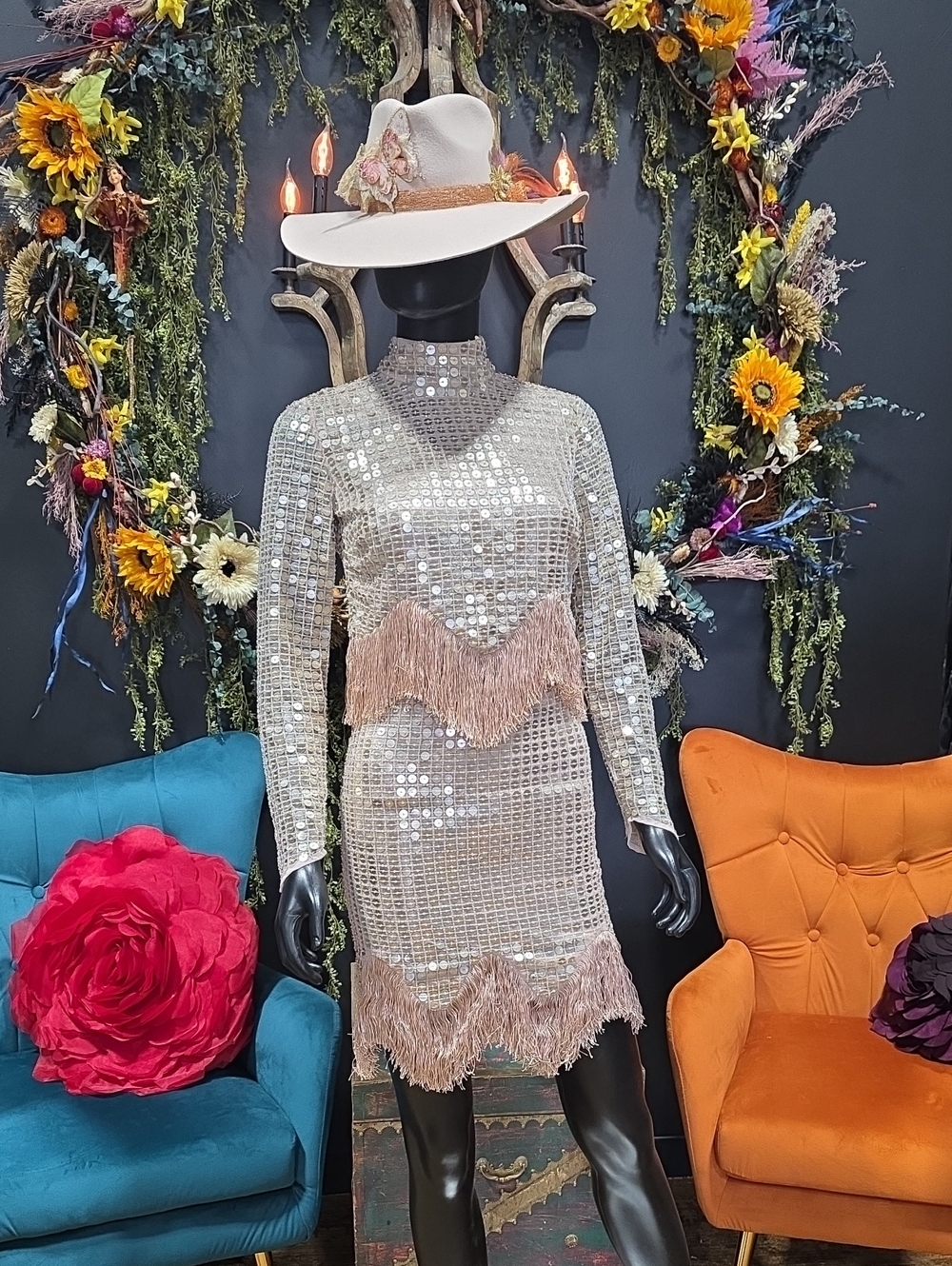 ASOS Champagne Sequin Fringe Mini Dress 2pc.